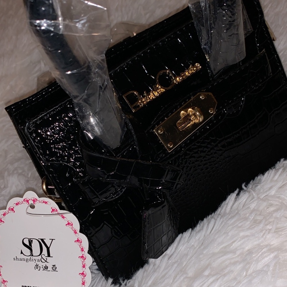 Black/Gold Faux Crocodile Mini Purse